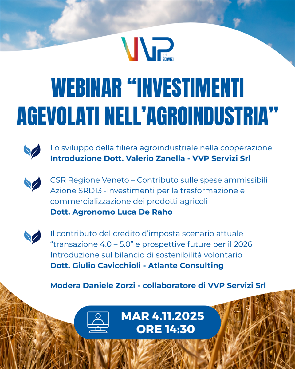 "Investimenti agevolati nell'agroindustria" - Webinar